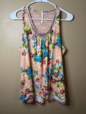 Kiwi Pink Floral Beaded Lace-Back Tank
